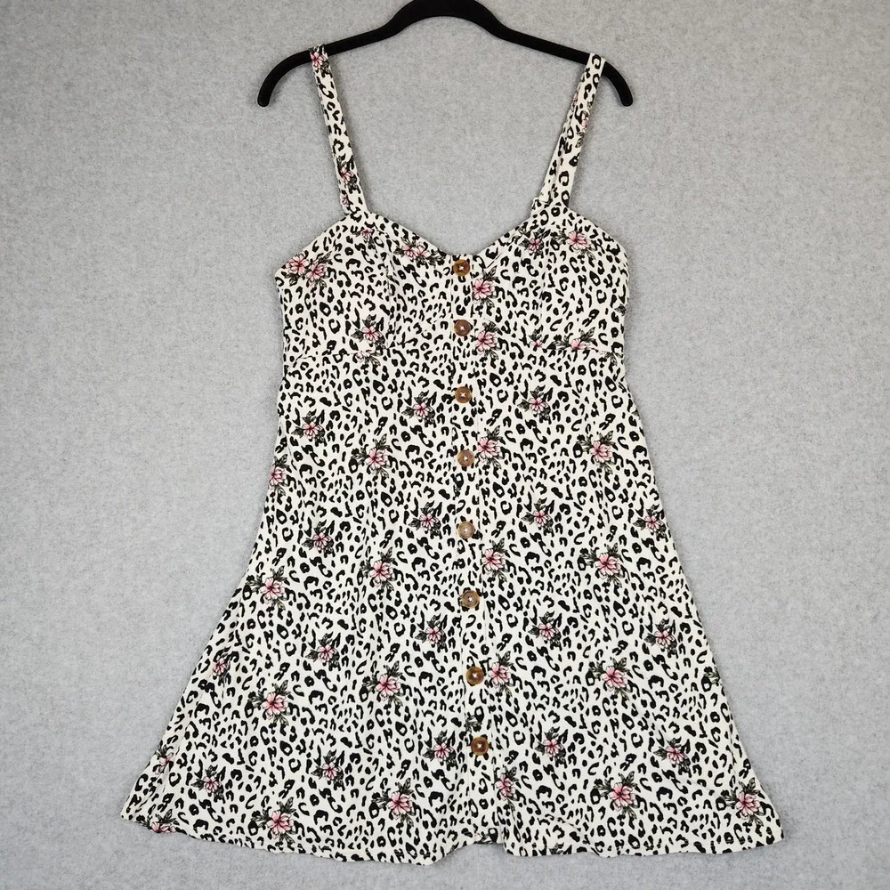 No Boundaries‎ Leopard Floral Button Front Mini Dress Large 11-13 Smocked Back